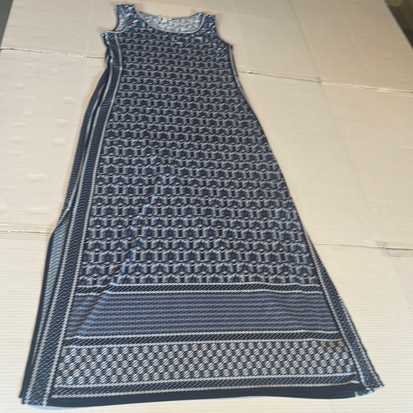 Max Studio Sleeveless Blue Patterned Maxi Dress w curved neckline slits bottom - Picture 1 of 10